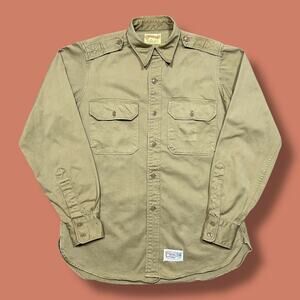 Vintage WWII Shirt Sanforized Button Up Long Sleeve Army Fabric Creighton 50s